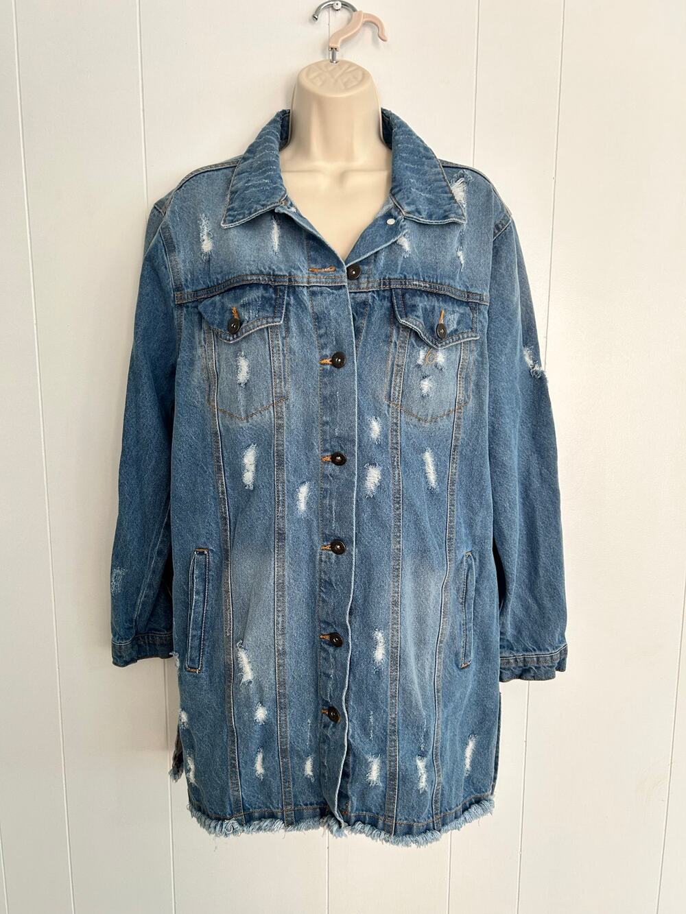 Long Denim Jacket, Distressed Women's Medium XC